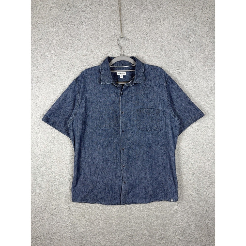 Peter Millar Mens Sz L Blue Abstract Leaf Print Short Sleeve Button Down Shirt